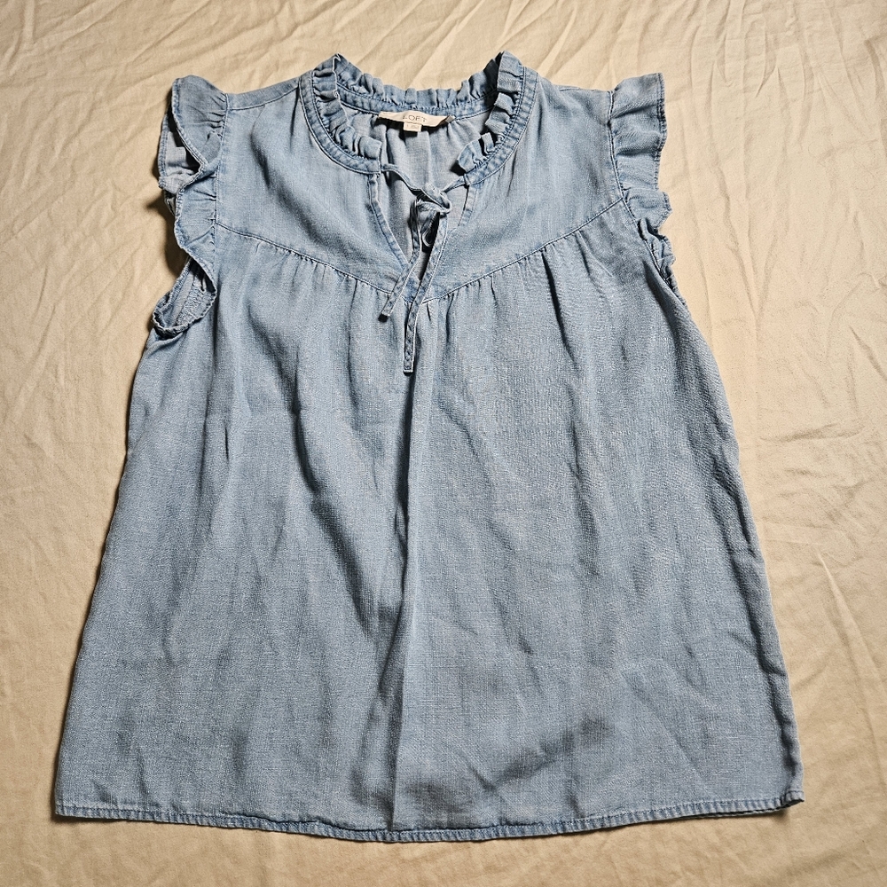 LOFT Blue Linen Blend Ruffle Tie Neck Top Size Small Flutter‎ Sleeve Boho